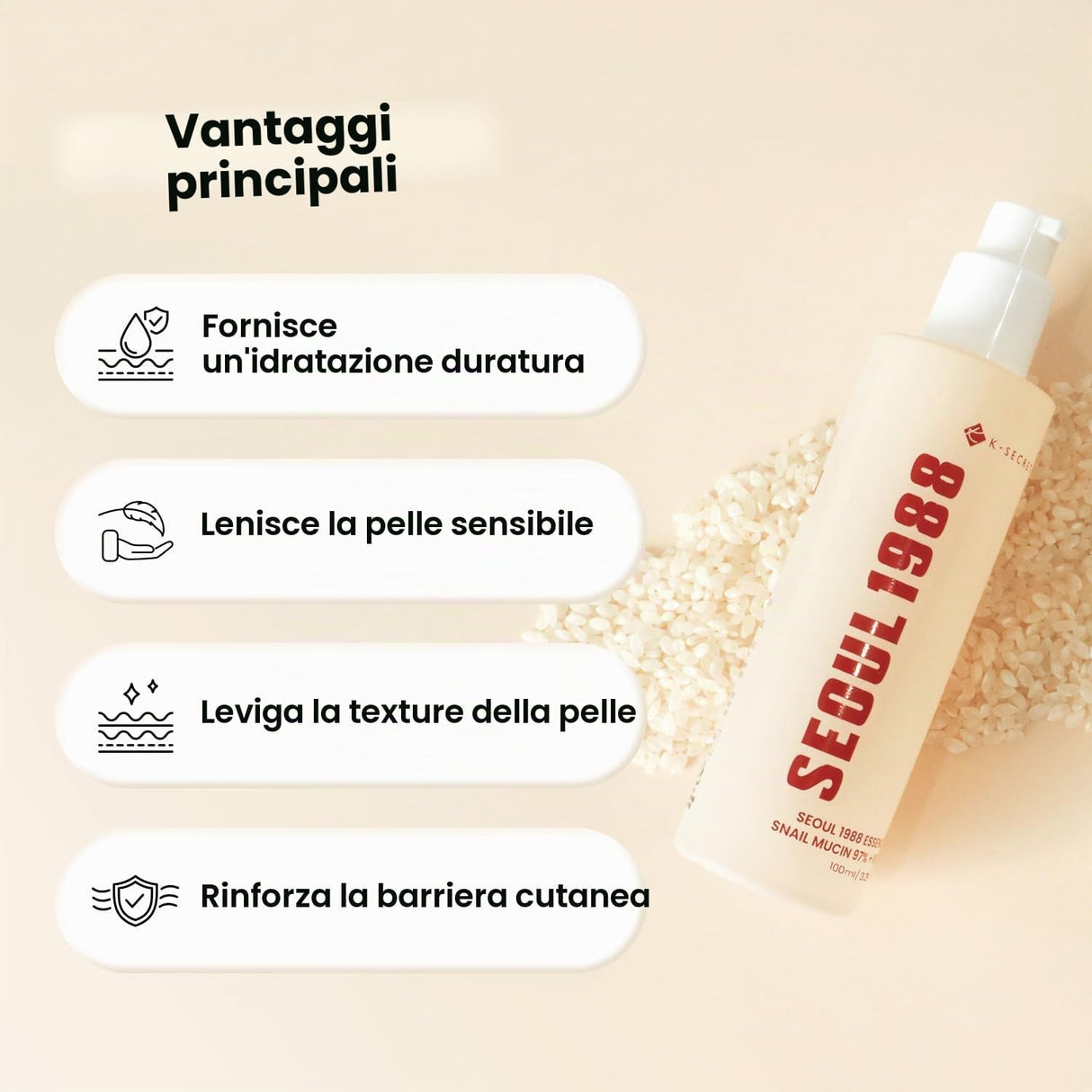 Seoul 1988 Essence Snail Mucin 97% + Rice Essenza Viso